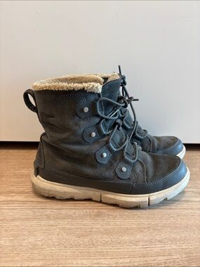 Sorel Explorer II Women's Grey Suede Winter Lace-Up Boots with Cream Faux Fur